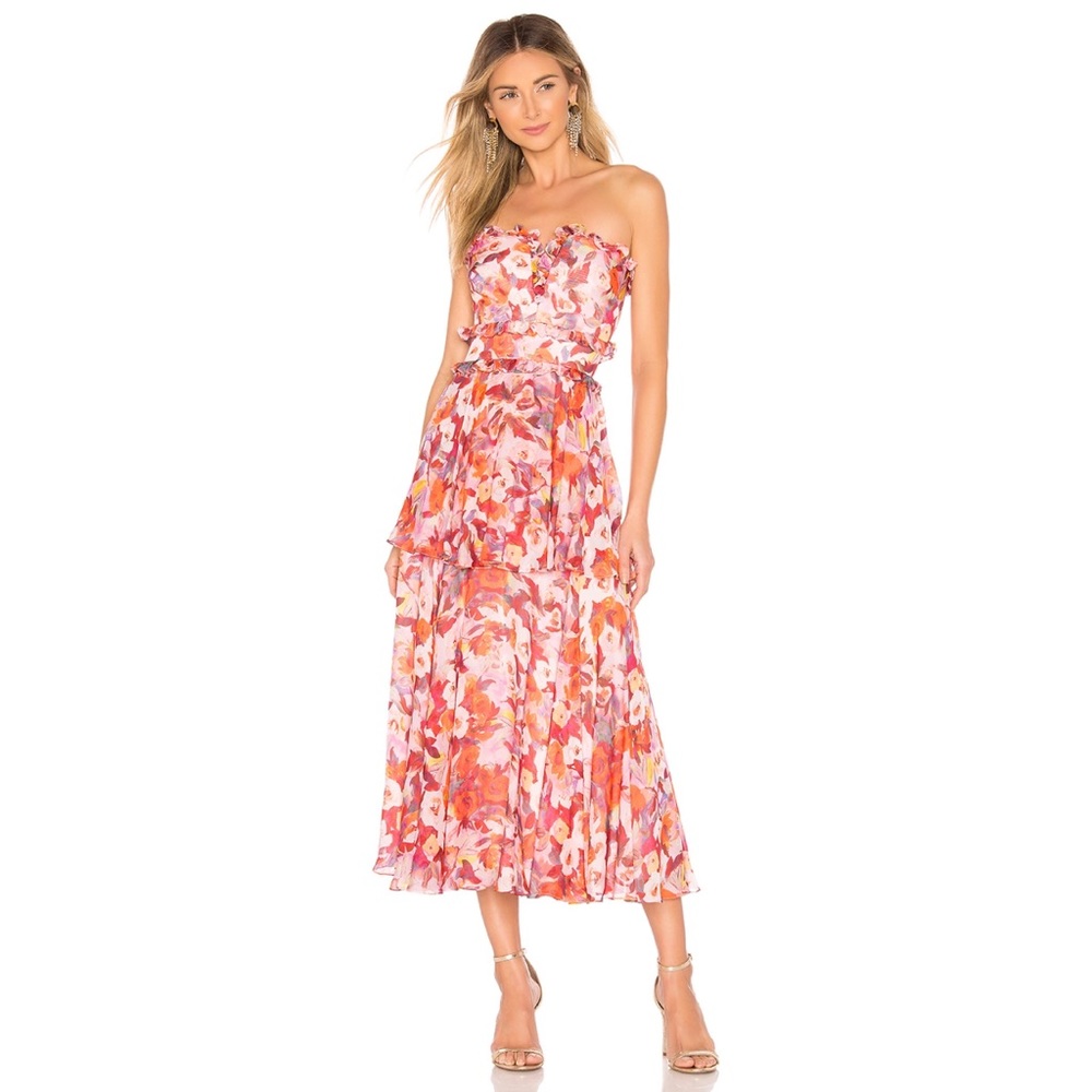 AMUR Floral Strapless Midi Dress - Pink and Orange